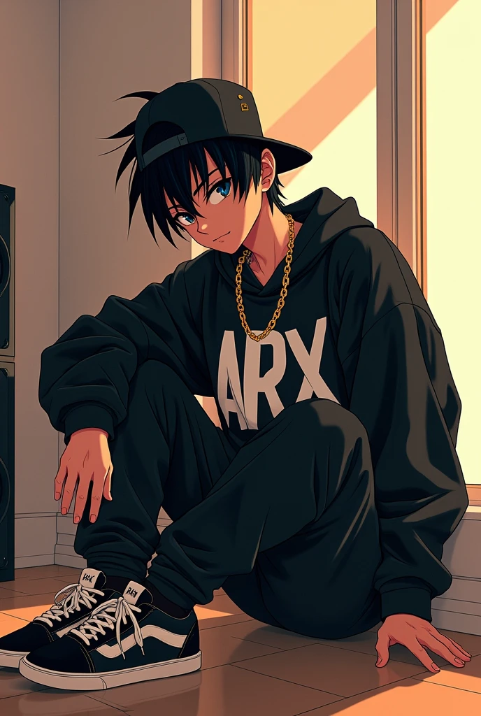 
 
Teenage Goku, hip hop style cap on head, black eyes, listening to music, sitting in a room with white walls with black furniture and bright lights, slave chain with the initial Arx in gold, Loose black sweatshirt with a print in the center written ARX in white, long black pants and Nike Vans-type sneakers,  interior, soft light, relaxed pose, in the background a music speaker, realist, warm colors, by Greg Rutkowski, by Alphonse Mucha. 
