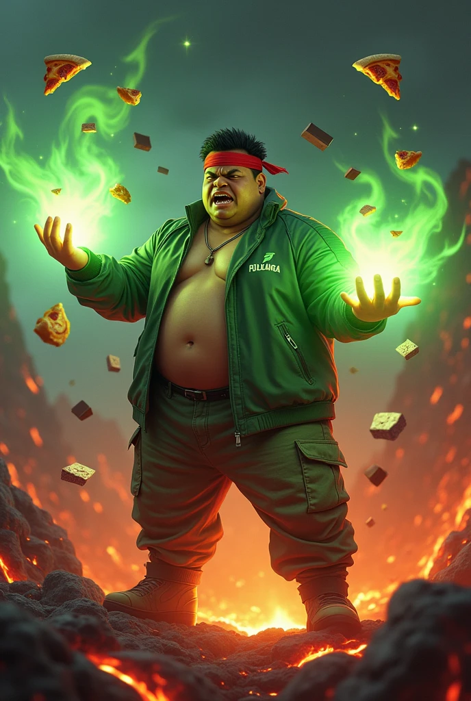 20year old bangladesh man , nepal ( chubby body type. body.) sharp eyes. chubby face. dark skin. man . Anger face. Open mouth. wear headband red whitr. . wearing an (green red stripe jacket) future shirt . anger faces, short hairstyle . Dramatic.. stand on lava ,( camouflauge green)cargo pant,, detailed face, cinematic lighting, dramatic atmosphere,.hot day. vibrant colors, 8k, high quality, photorealistic. Hero suit.. ha,army green logo design on pant . Very strong. Future design dress. Very epic. Very hot background.. dark sky. Very strong . . Flying floating pizza, candy. chocolate bar everywhere..Shadow power from hand Floating small rock everywhere.have a power turn anything to the food. ((glowing yellow ))green two finger on both side. upper tilt shift shoot photograpy. jump effect.