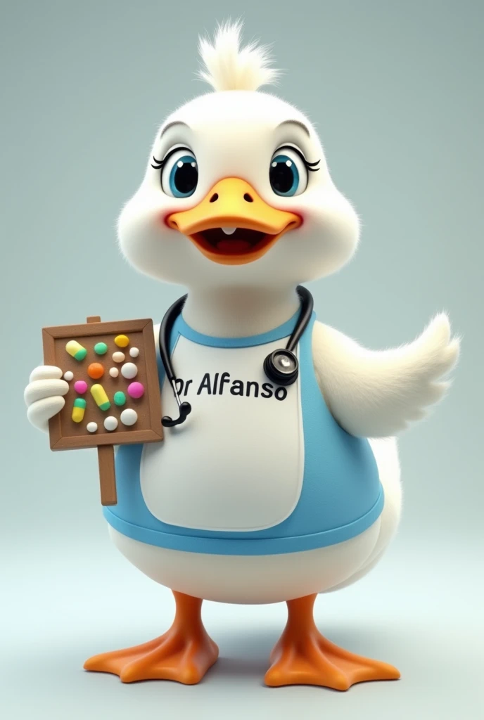 A duck white colour wearing white and blue apron,with stethoscope, hyper realistic, fatty and cute appearance, showing advertisement of drugs , with holding a board showing capsules of gas.
White colour duck , 
Written Dr alfanso 