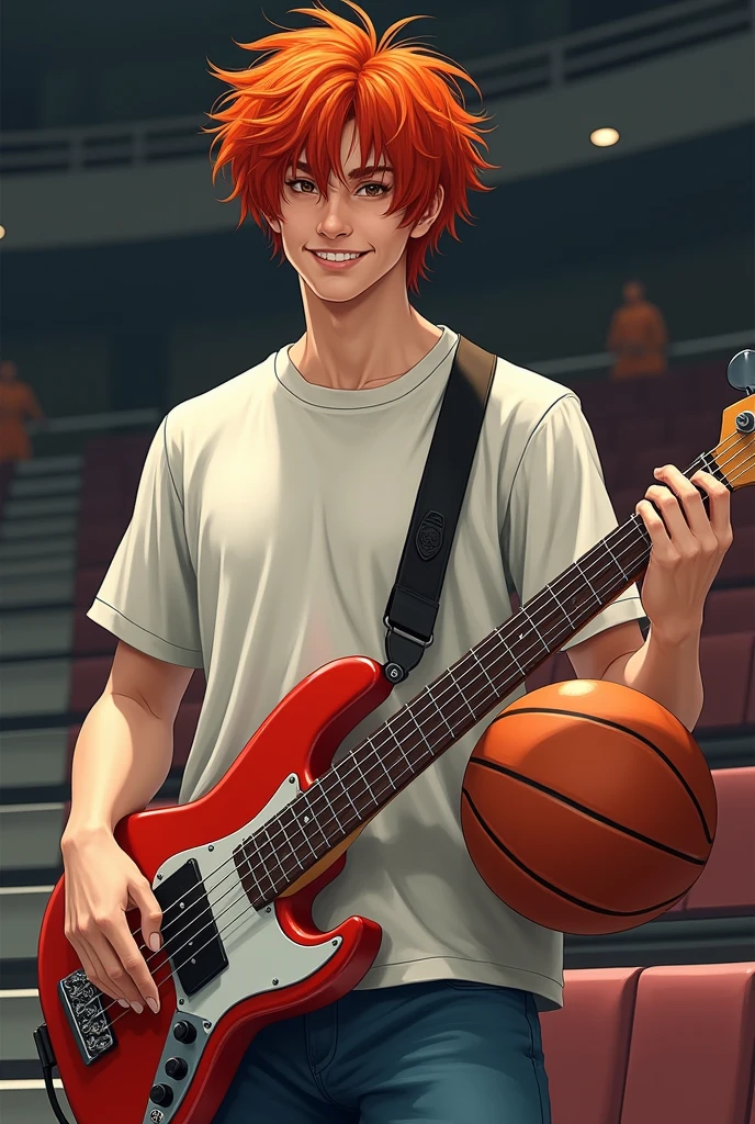 basketball player, bass guitar, Red-Haired, skin fair, Stately, in the Bleach line, naughty man