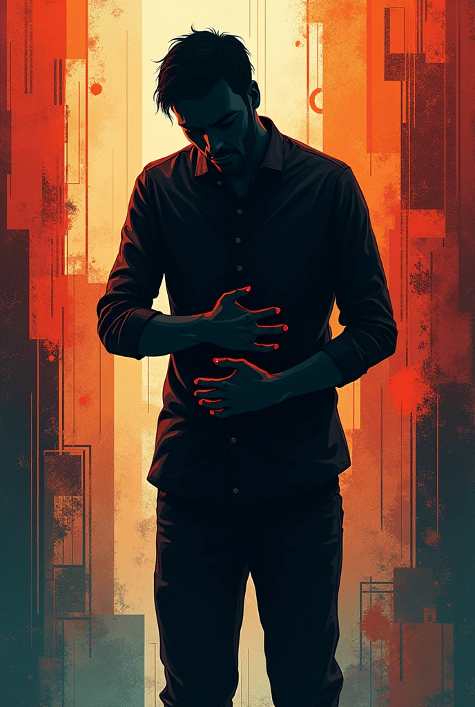 Silhouette of a man holding his stomach plus synthesized abstract illustration style