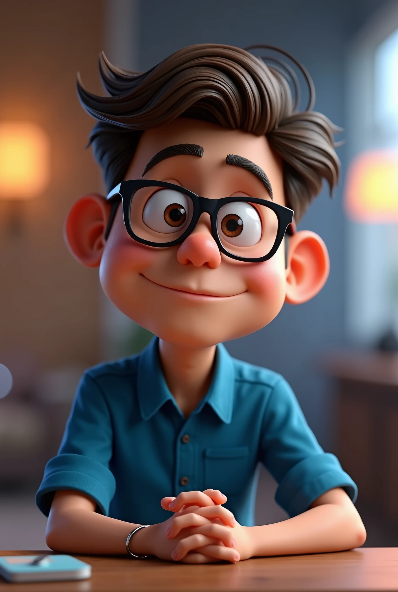 Cartoon character of a man in black glasses and blue shirt, an animated character, stylized character, animation style rendering, 3d stylized, Arnold Maya rendering, Stylized 3D rendering, toon render screenshot, 3d character, 3d character, Stylized 3D rendering, 3D character rendering, cartoon character, Personagem de close up, character posing, (Pixar-style) (master part:1.2) (bokeh) (best qualityer) (skin detailed) (detailed texture) (8k) (Argilla) (cinematic lighting) (sharp focus，Sit down and lift your upper body