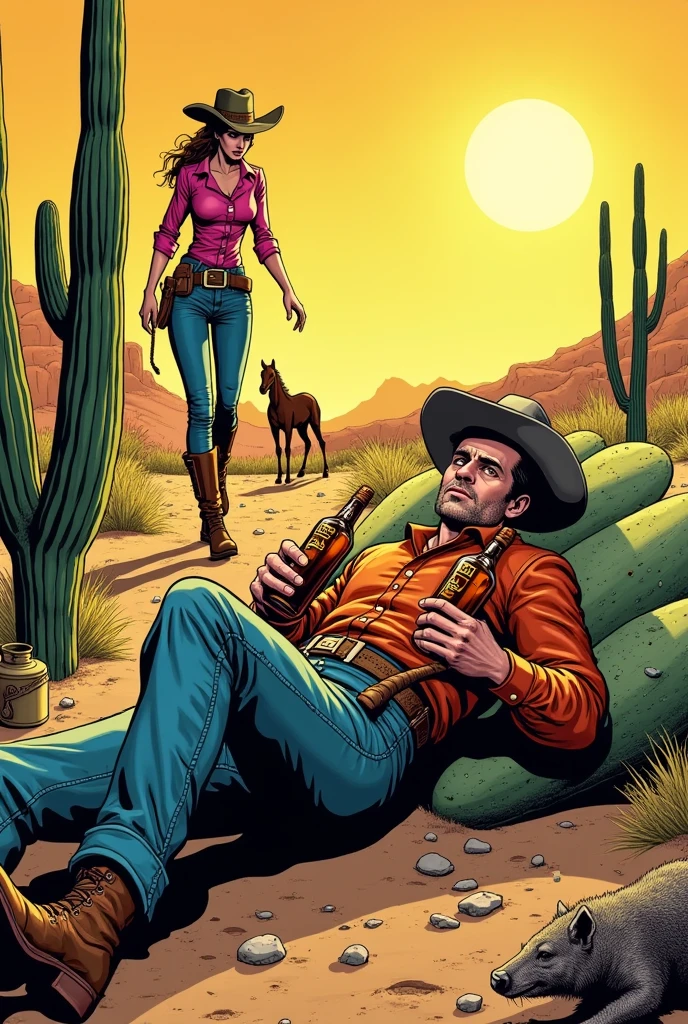 Hyperrealistic color comic 1950s look a drunk cowboy with two large bottles of liquor in his hands lying on top of a cactus in the desert a cowgirl woman helps him in the background a canteen next to him the horse a dog an armadillo and a cowgirl woman who helps him get up in the background a canteen