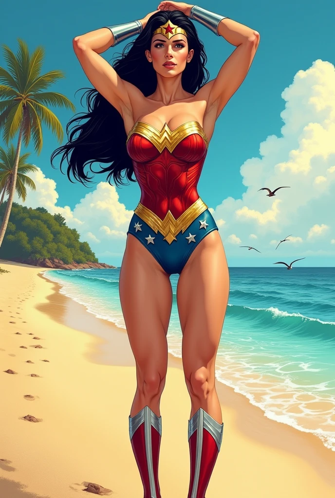 Wonder Woman in a bathing suit , standing, arms up