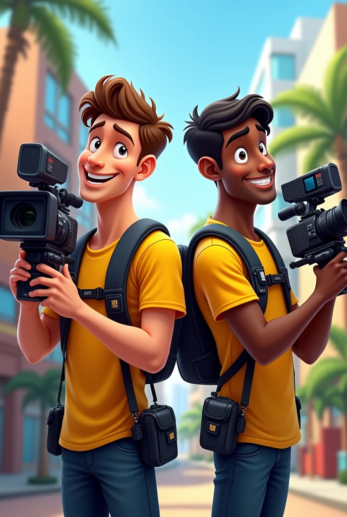 Cartoon of a camera crew consisting of 2 members: 1 young Caucasian man and 1 dark-skinned man, All wearing black and yellow shirts and camera equipment