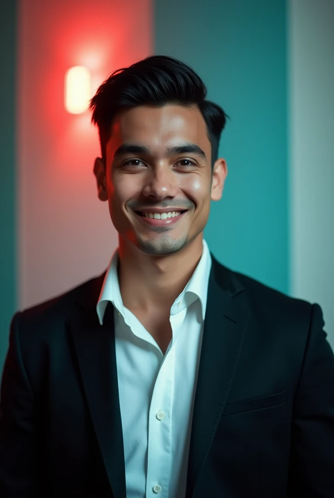 A young man with dark hair and a confident smile. He is dressed in a black blazer over a white shirt. The man is positioned against aqua colour backdrop with a subtle red lighting on the left side. and he posing for Linkedin profile