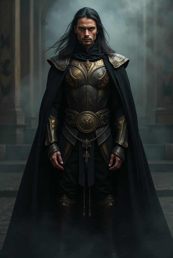 Tall male in the ageOf course. So with all this in mind, the complete description of this man's appearance would be:
Tall male in the age range of 25-40, with long, dark and straight hair, and a strong but not "too" muscular physique. Fair skin, athletic-muscular build, and pale or white colored eyes. Extremely sexy and hot, attractive. A black and gold velvet armor, although not very protective, probably expensive-looking, with a permanent and thick black shadow aura surrounding him. The aura is very strong and people can touch it.