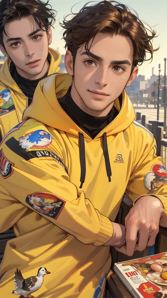 (masterpiece, ultra high res, 16k uhd, high quality),low key,commute,ad,tv,standing,looking at viewer,Hoodie,masterpiece,in the restaurant,sitting,(brown hair),black eyes,turn to the back,smile,Seoul,(small head),Precise human body structure,Precise hand structure,(duck egg face),Light-colored clothing,red coat,yellow top,Unity 16K Wallpapers,Concept Art,A person,8K eyes,Grassland,Dress,Park,Bench,Pigeons,(((mature male))),((big eyes:1.3)),(short hair),((1 American mixed-race man)),Sweatpants,(Realistic face:1.8),Wide Shoulders,Single,(whole body:1.6),andriod 18,