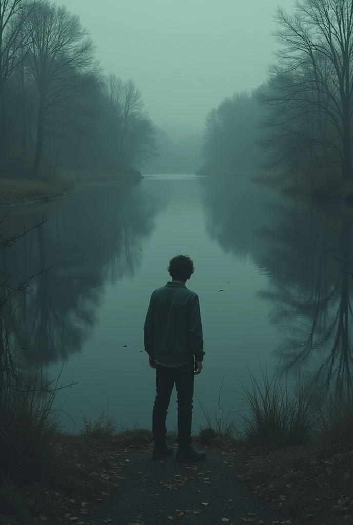 A man looks into a lake, sad,wicked, there mom wife daughter are drowning