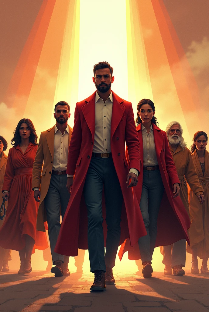 (A powerful and dynamic illustration of a leader walking confidently alongside a diverse team. The leader is highlighted with a subtle glow to symbolize guidance and inspiration, standing slightly ahead but still part of the group, emphasizing unity and shared leadership. The team members are diverse, representing different cultures, backgrounds, and professions, each with distinct attire and features. The background suggests progress and direction, with a gradient or path leading forward, symbolizing a journey or mission. The setting includes subtle elements of a battle or challenge, but with a universal, timeless appeal. The overall image has strong contrast and vibrant colors, emphasizing the themes of leadership, solidarity, and collective effort