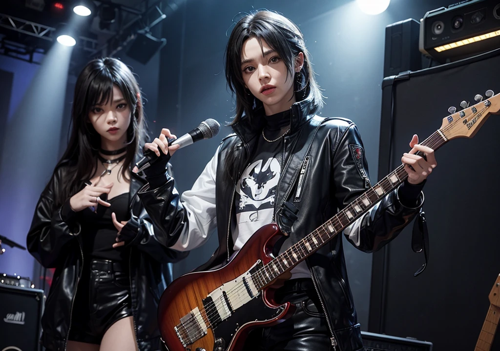 「Characters dressed in rock band-style outfits、A scene of her doing the &quot;Corna&quot; pose with both hands。The character&#39;s face is funky、He sticks out his tongue as if he has already decided on his medicine.。Stylish and edgy design like Han Juri、The background should be energetic and bring out the live feel of rock music.。」