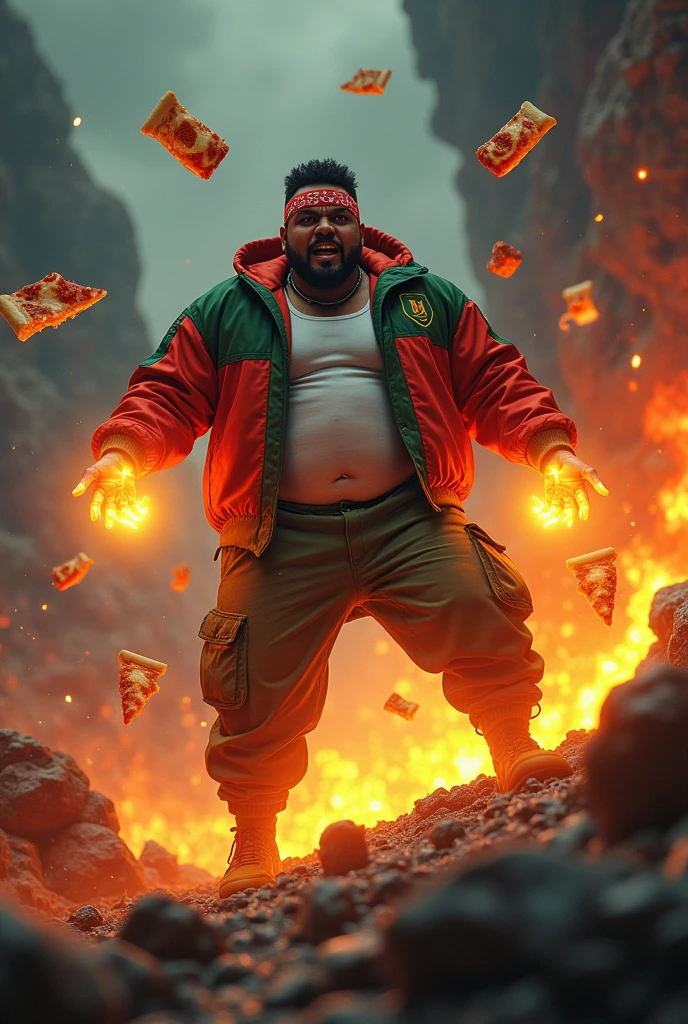 20year old bangladesh man , nepal ( chubby body type. body.) sharp eyes. chubby face. dark skin. man . Anger face. Open mouth. wear headband red whitr. . wearing an (green red stripe jacket) future shirt . anger faces, short hairstyle. white singlet . Dramatic.. stand on lava ,( camouflauge green)cargo pant,, detailed face, cinematic lighting, dramatic atmosphere,.hot day. vibrant colors, 8k, high quality, photorealistic. Hero suit.. ha,army green logo design on pant . Very strong. Future design dress. Very epic. Very hot background.. dark sky. Very strong . . Flying floating pizza, candy. chocolate bar everywhere..Shadow power from hand Floating small rock everywhere.have a power turn anything to the food. ((clapping hand glowing yellow ))green two finger on both side. upper tilt shift shoot photograpy. jump effect.
