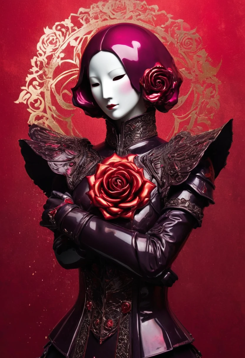 in style of Harry Clarke,character concept design,half body, (ROSE HEAD:1.5) (no face:2.0) paladin,angry,crazy smile,fighting pose,Magic Effects,Metallic details,Red tone,Unknown background,perfect hands,Core Art,The art of spray painting,Splash Art