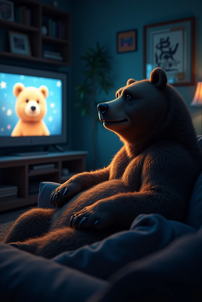 A bear watch movie in home at night
Dark background