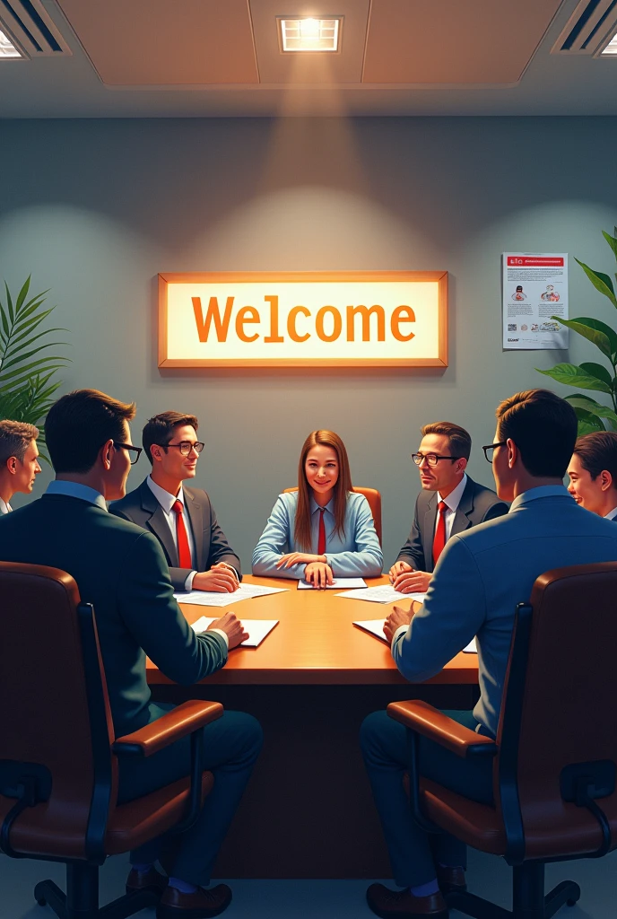 Create an image of a CIPA team (internal accident prevention committee) in meeting together. With the sign WELCOME