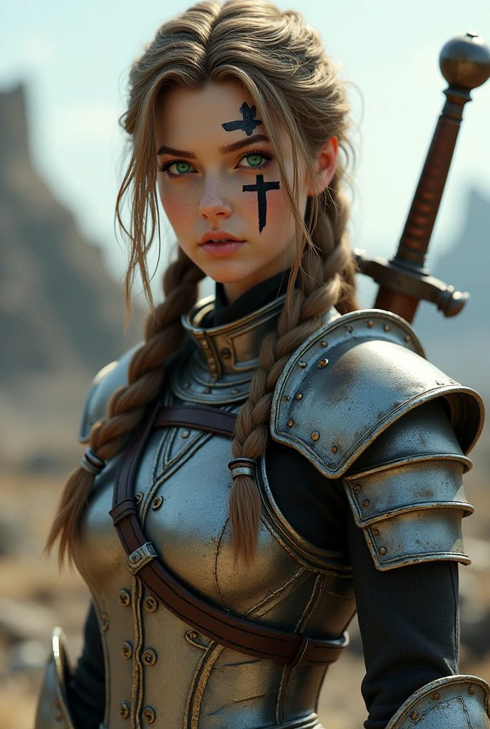 girl with light brown hair, with medieval armor, with braided hair, and a black tattoo in the shape of a cross under the eye. One eye is light blue and the other is emerald., White skin, and a sword on his back, in a post-apocalyptic world. animedo 3d