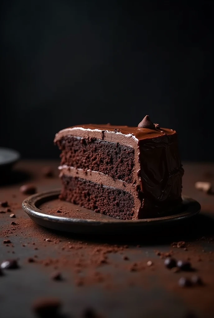 cinematic film still chocolate, chocolate cake, dark background, quality photo, moist texture, frosting, studio photo, slice . shallow depth of field, vignette, highly detailed, high budget, bokeh, cinemascope, moody, epic, gorgeous, film grain, grainy