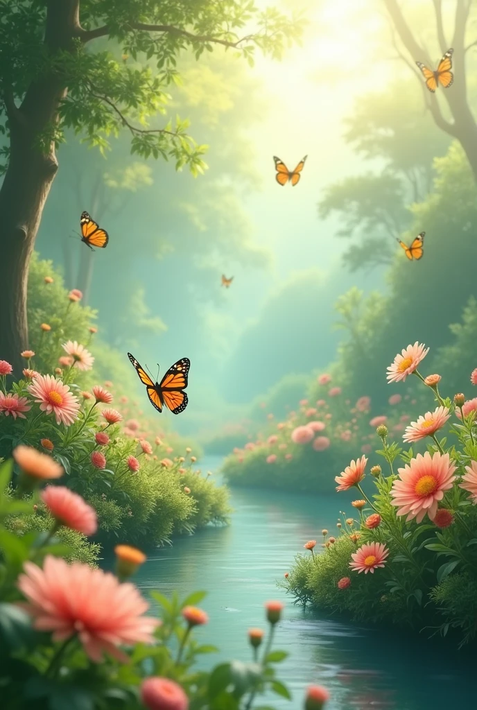 Generates a landscape that transmits tranquility, hope, calm, includes animals with a meaning of beauty, hope and freedom. Includes butterflies, water and not so many animals. Includes flowers but not so many.