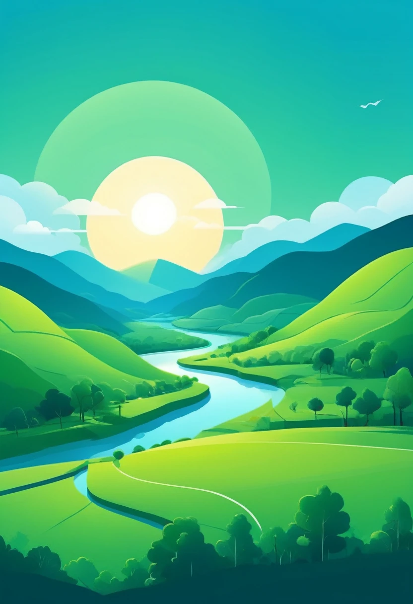 equinox:Sunlight shines through the sparse clouds on the green earth,The sky appears a bright and mild blue,All things are revived。Mobile wallpaper illustration,Nature views, Minimalist illustration, Line illustration, Colorful。circular composition,Flat illustration