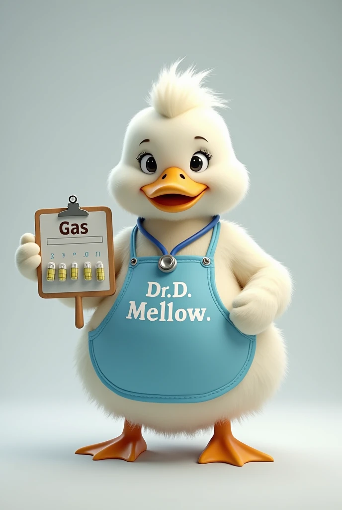 A duck white colour wearing white and blue apron,with stethoscope, hyper realistic, fatty and cute appearance, showing advertisement of drugs , with holding a board showing capsules of gas.
White colour duck ,
Written Dr. D mellow