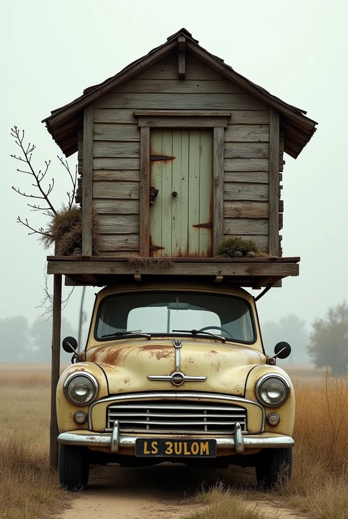 Make a small house, a rickety hut on top of the car, the front door of the house is visible from the camera