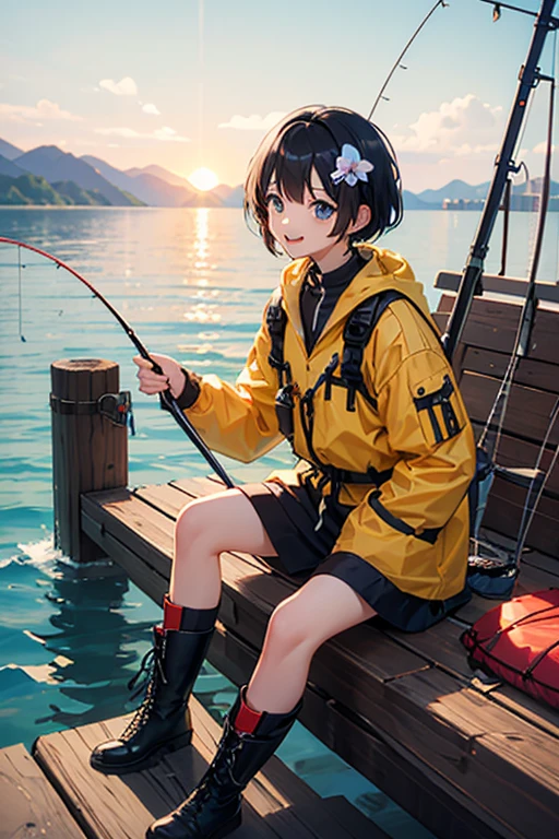 Highest quality、Black Hair、Iris、short hair、、cute、、、Small hair ornament、1 person、Sea and embankment、Fishing pole、fishing、Fishing equipment、Life jacket、Boots、A happy look、