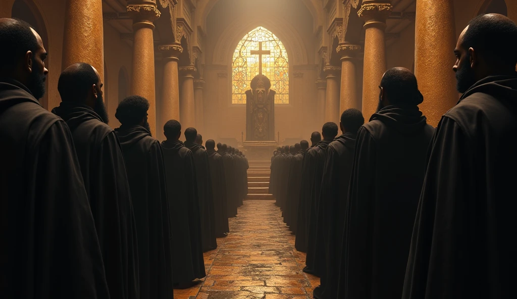 A dramatic scene of priests guarding the Ark of the Covenant in an ancient church in Ethiopia. They are surrounded by an aura of mystery and power, their expressions stern, and behind them, the silhouette of the Ark, half hidden in shadow.