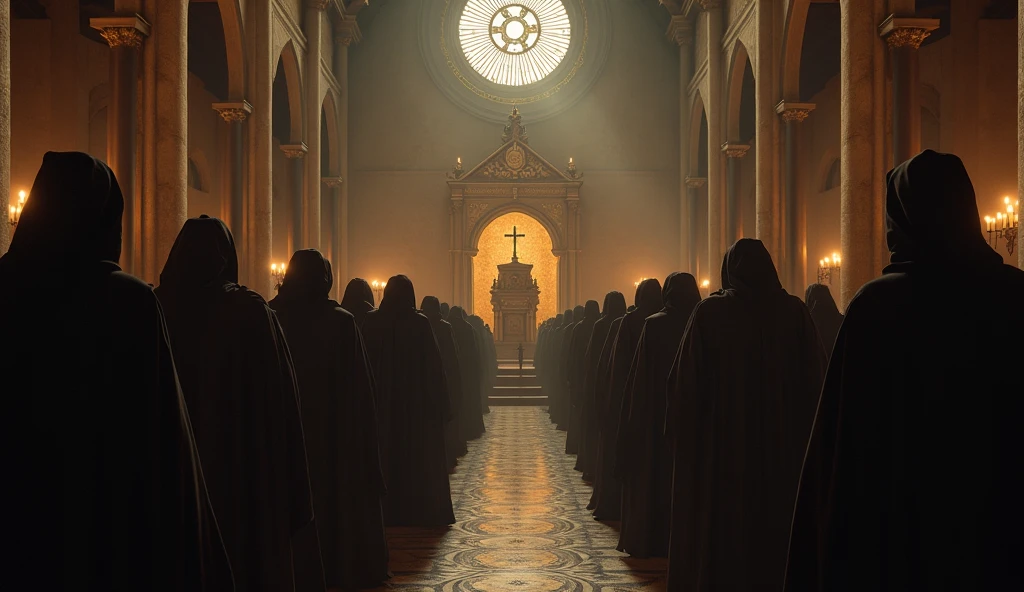 A dramatic scene of priests guarding the Ark of the Covenant in an ancient church in Ethiopia. They are surrounded by an aura of mystery and power, their expressions stern, and behind them, the silhouette of the Ark, half hidden in shadow.