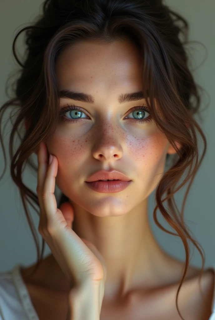 Face of a 22 year old brunette girl with blue eyes of European type with fine features and light freckles and who is very pretty and who takes a picture of herself in a very realistic mirror in 4k