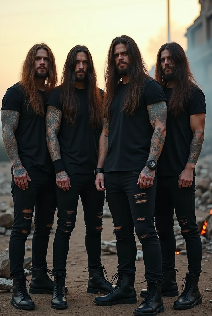 A band of 4 long haired men with their faces hidden by DARK BROWN hair and NO TATTOOS and WITH BLACK PANTS AND A RIPPED BLACK SHIRT, the bassist weighing 100 kilos with short hair , the drummer weighing 100 kilos is also a vocalist, and all without showing their faces in a DEVASTATED WORLD with embers on the ground in an evening with a thin cloud of smoke