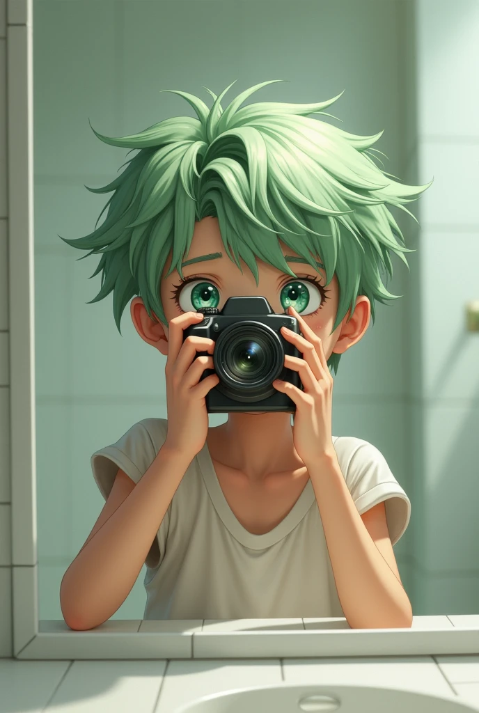 Create a young boy with light green hair and green eyes taking a picture in the mirror and covering his face, realistic selfie style