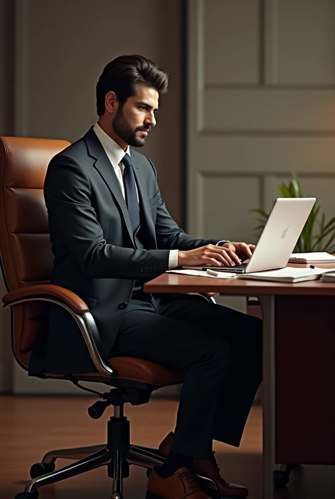 A pakistani men well groomed sitting in the office in three piece suite working on laptop 
