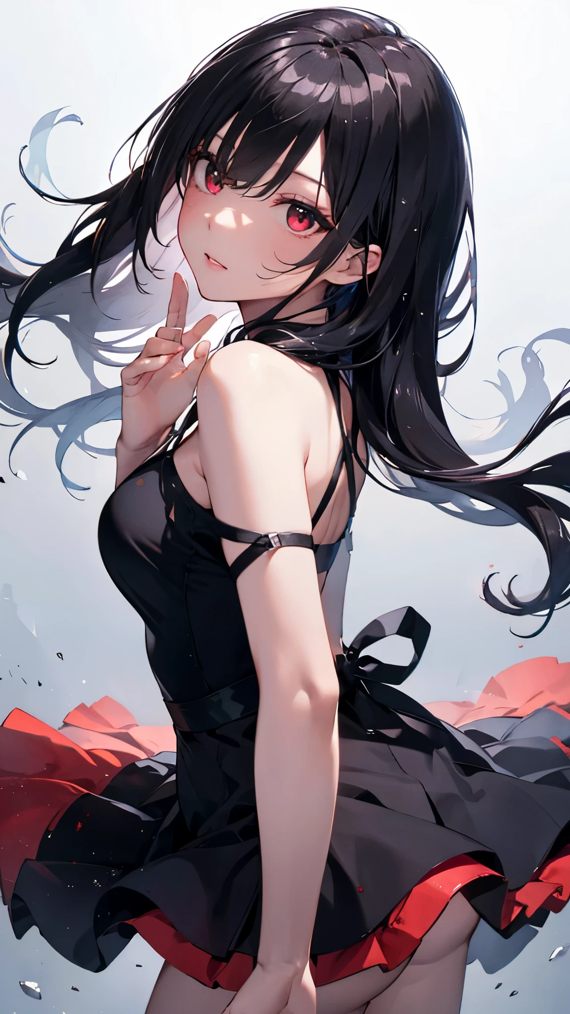 masterpiece、Highest quality、High resolution、High-quality images、Skin Radiance、Texture of skin and clothing、Expression of fine eyes、Shiny black hair、Long Hair Girl、dress, beautiful bright red eyes, Fuller lips, Gorgeous face with attention to detail, charm, Innocent, Side view, (Perfectly detailed face), (Beautiful Hands) Photorealistic images, High resolution, Slanted Eyes, One person,