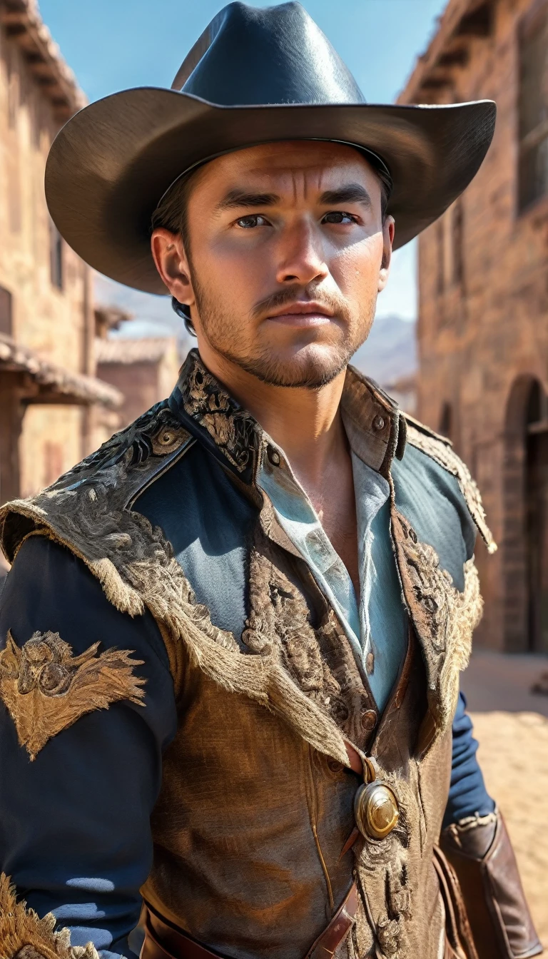 realist:1.3,( photorealistic, 8k, RAW Photos, premium quality, masterpiece, epic lighting. first floor, centered image), (first floor),((1 cowboy from the wild west riding his horse:1.5, perfectly detailed face and body, (plano general, cuerpo entero de pie a cabeza centered image:1.4), Wild West scenario, dynamic pose, beautiful and detailed hair)),aaronsynthxl