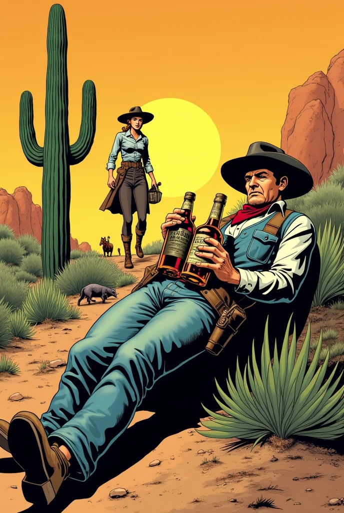 Hyperrealistic color comic 1950s look a drunk cowboy with two large bottles of liquor in his hands lying on top of a cactus in the desert a cowgirl woman helps him in the background a canteen next to him the horse a dog an armadillo and a cowgirl woman who helps him get up in the background a canteen