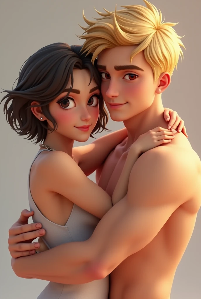 A guy and girl hugging each other, guy with blonde hair a clean shave and red eyes with a light skin tone AND the girl with short black brown hair, slightly dark skin tone and black eyes 