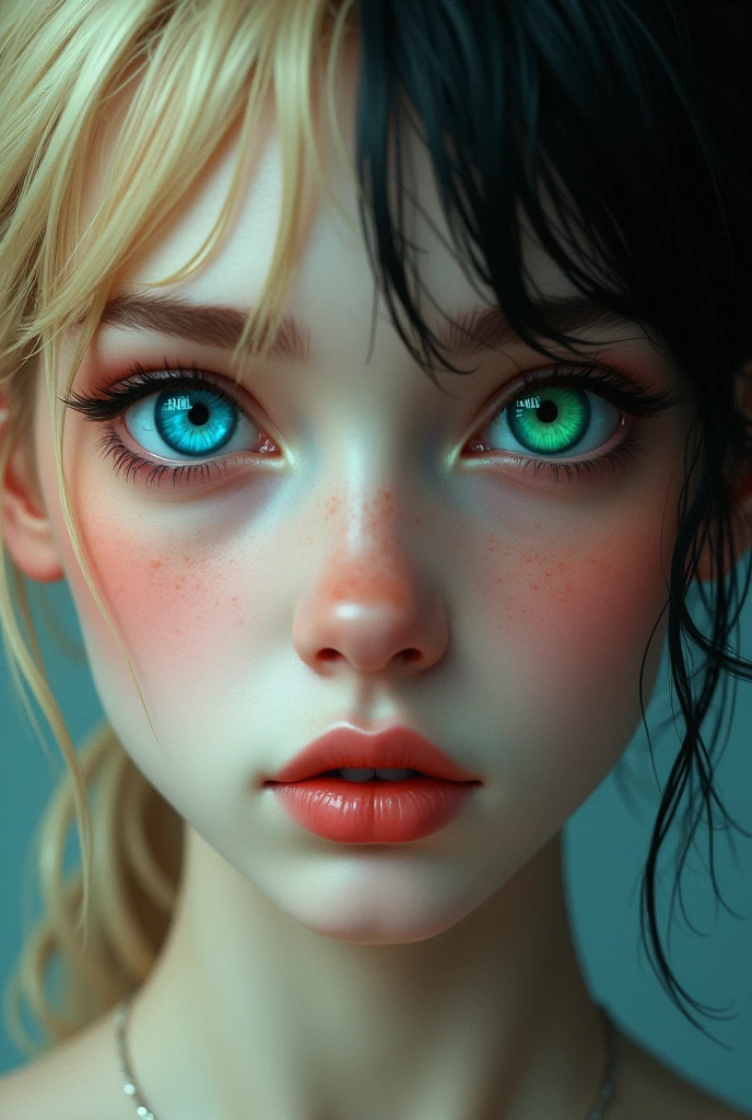 “Two girls with half the face of a blonde girl with blue eyes and the other half of the face of a black-haired girl with green eyes.”