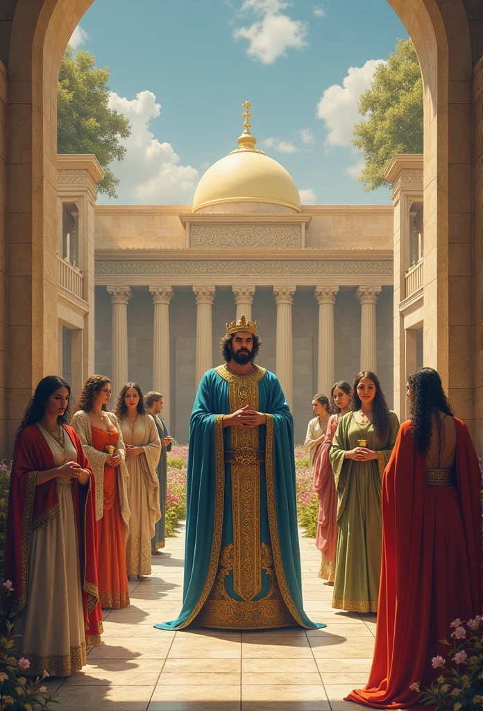 Para criar uma imagem realista e detalhada baseada no texto sobre Solomon, Considere os seguintes elementos:
1. **Scenario**:
- The Temple of Jerusalem in the background, majestic, with ornate columns, surrounded by gardens and people worshiping. The temple must have details of stones and gold, reflecting the wealth of the time.
2. **Personagens**:
- **Solomon**: um homem imponente, wearing a luxurious robe in shades of blue and gold, with a rich crown and adornments. He must be in a leadership posture, perhaps holding a scepter or a cup.
- **princesses**: Several women in colorful and varied outfits, representing different cultures. Elas podem estar ao redor de Solomon, in long, flowing dresses, with silk details and shiny jewels.
- **Concubines**: Women in simpler clothing, but still richly adorned, reflecting religious and cultural diversity.
3. **enviroment**:
- A clear sky with soft clouds, creating a peaceful atmosphere. The floor should be made of large, well-worked stones., with flowers and plants around, reflecting a vibrant and lively environment.
4. **Colors and Style**:
- Warm and vibrant colors, like golden, blue, greens and reds, to give a vintage and realistic look. Lighting should be soft, as if it were at dawn or dusk, to enhance the richness of detail and the beauty of the scene.
Esses elementos ajudarão a capturar a essência da liderança e sabedoria de Solomon, creating an image that conveys the grandeur of his reign and the complexities of his life.