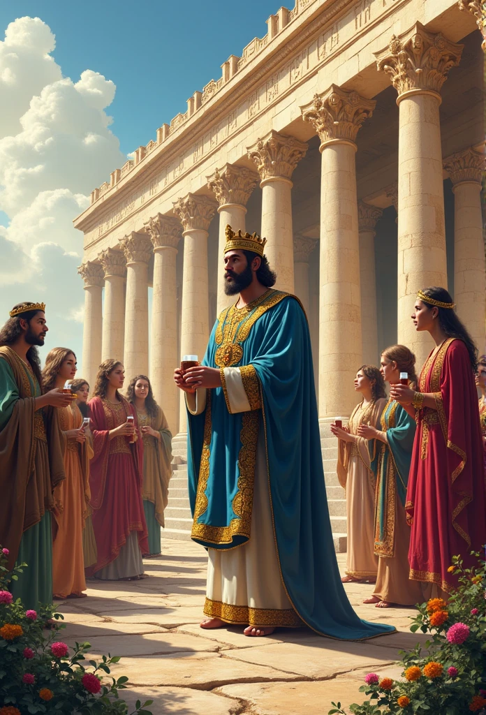 Para criar uma imagem realista e detalhada baseada no texto sobre Solomon, Considere os seguintes elementos:
1. **Scenario**:
- The Temple of Jerusalem in the background, majestic, with ornate columns, surrounded by gardens and people worshiping. The temple must have details of stones and gold, reflecting the wealth of the time.
2. **Personagens**:
- **Solomon**: um homem imponente, wearing a luxurious robe in shades of blue and gold, with a rich crown and adornments. He must be in a leadership posture, perhaps holding a scepter or a cup.
- **princesses**: Several women in colorful and varied outfits, representing different cultures. Elas podem estar ao redor de Solomon, in long, flowing dresses, with silk details and shiny jewels.
- **Concubines**: Women in simpler clothing, but still richly adorned, reflecting religious and cultural diversity.
3. **enviroment**:
- A clear sky with soft clouds, creating a peaceful atmosphere. The floor should be made of large, well-worked stones., with flowers and plants around, reflecting a vibrant and lively environment.
4. **Colors and Style**:
- Warm and vibrant colors, like golden, blue, greens and reds, to give a vintage and realistic look. Lighting should be soft, as if it were at dawn or dusk, to enhance the richness of detail and the beauty of the scene.
Esses elementos ajudarão a capturar a essência da liderança e sabedoria de Solomon, creating an image that conveys the grandeur of his reign and the complexities of his life.