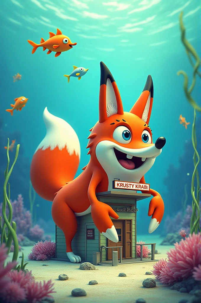 Krusty Krab wearing a fox costume