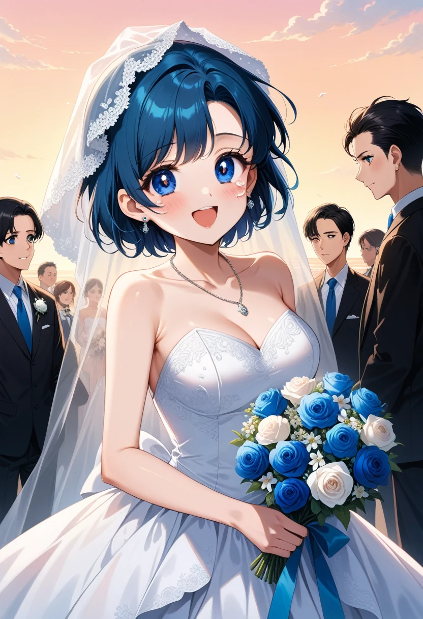(masterpiece, Highest quality, so beautiful, Super detailed), Intricate details, 4K, mercury, short hair, Blue Hair, Earrings, blue eyes, Wedding dress, White Dress, Strapless, necklace, smile, Open your mouth, tear up, Cowboy Shot, Are standing, Holding a bouquet, Bridal Veil, BREAK pink bandeau bikini, Cute Smile Open your mouth, Are standing, (She walked along the beach in the sunset, her bare feet touching the water, the closest she came to seeing that smile:1.1), barefoot, Two Arms, (cinematic angle:1.1),