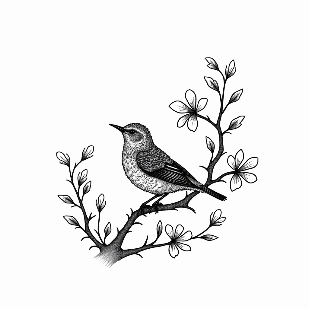Cherry blossom and Japanese bush warbler motif、Create simple and beautiful Zentangle art。Zentangle art includes、Use a variety of patterns、Express your love for nature art。Please submit a monochrome work using only black and white.。
