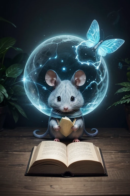 a small, charming creature resembling a mouse, with soft, light blue fur and large, round eyes that give it an innocent and curious expression. The creature is holding an open book with glowing pages, indicating that it is reading or perhaps casting a spell from the book. Surrounding the mouse are small, glowing particles and a delicate butterfly, adding to the magical atmosphere. The creature is dressed in a simple, yet elegant outfit, featuring a greenish collar and a small cape or vest with subtle details. The scene is serene and mystical, evoking a sense of wonder and fantasy, as if this little being is a scholar or mage in a magical world, exploring the secrets of the universe through its book.