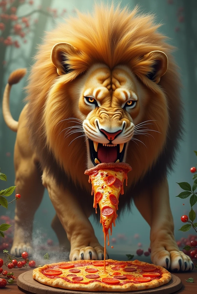 Lion eat pizza 