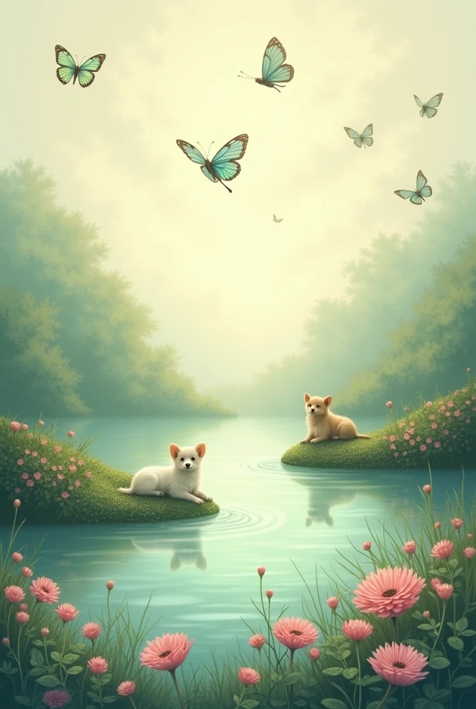 Generate a landscape that transmits tranquility, hope, calm, includes animals with a meaning of beauty, hope and freedom. Includes butterflies, water and not so many animals. Includes flowers but not so many for a painting.