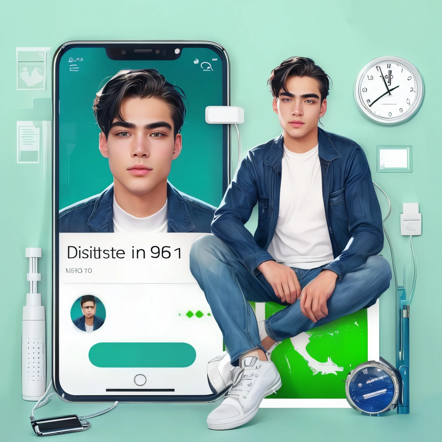 a close up of a person sitting on a phone with a picture of a man on the screen, in style of digital realistic, diselpank art, 2d realistic.make a picture in realistic