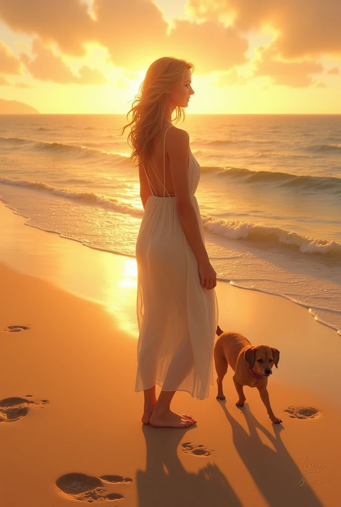 
Imaginez une jeune femme blonde, vêtue d'une robe noire légère à bretelles, se tenant devant la mer au coucher du soleil. La lumière dorée du crépuscule se reflète sur les vagues calmes, tandis que le sable fin et doré s'étend à perte de vue. À proximité, un chien court joyeusement le long de la plage, ses mouvements créant des traces éphémères dans le sable. La scène dégage une atmosphère de sérénité et de liberté, avec le coucher du soleil créant un cadre enchanteur autour de cette instantanéité simple et naturelle




