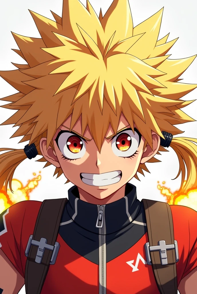 Katsuki Bakugo in My Hero Academia with pigtails in his hair 