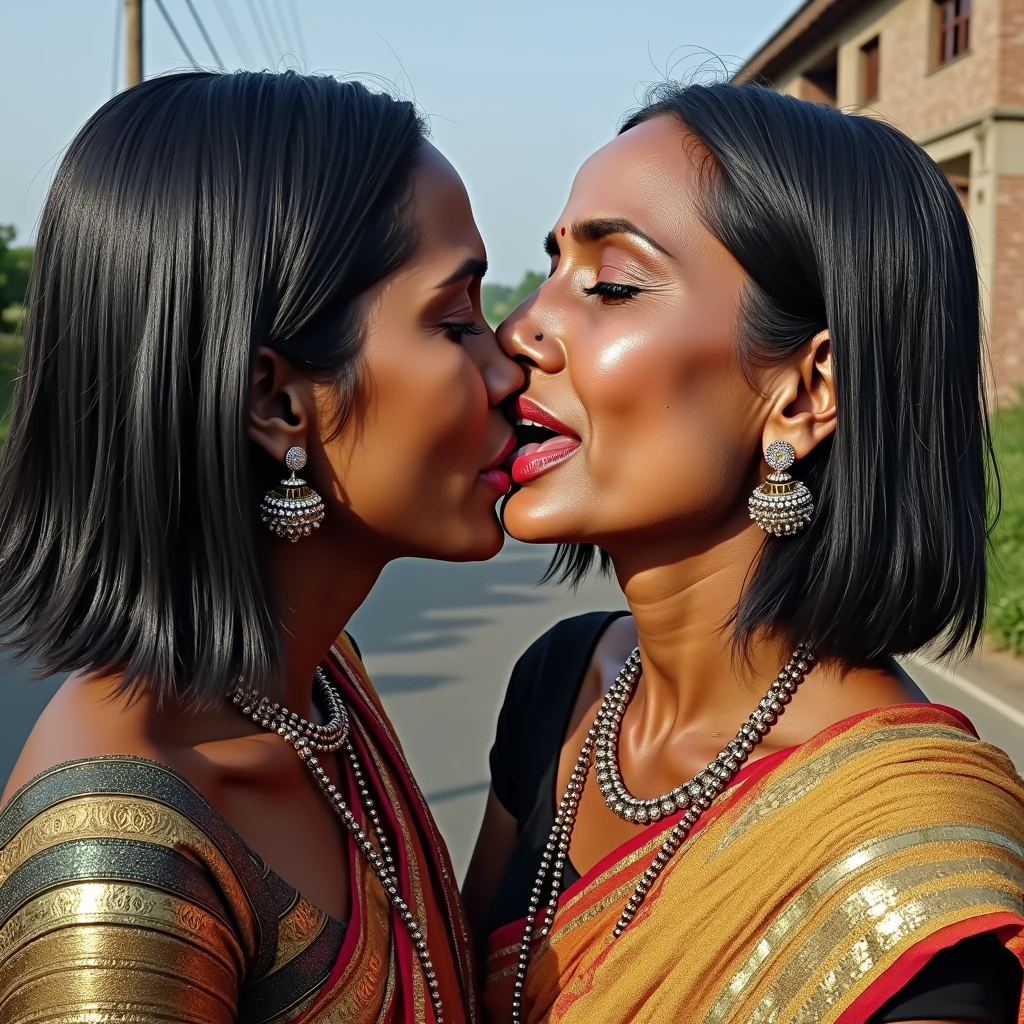 In the road, two mature indain ladies in sarees,kissing,their straight bottom curl bob length hair made in to scalp curl slick multiple small small ponytails are 10 liters of oil poured over their hairs making slick shinning like mirrors,tongues are highly visible,Hairs strictly as per image,Stricly as per the image,