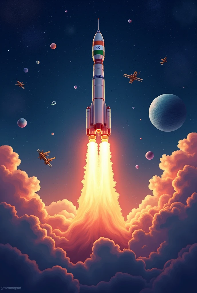 Create a dynamic illustration for India's National Space Day, featuring a rocket launch from ISRO’s launch pad, ascending into a starry night sky. The rocket should be depicted in mid-flight, with the Indian flag emblazoned on its side. In the background, show a glimpse of Earth from space, with the Indian subcontinent visible. Surround the scene with a constellation of satellites, spacecraft, and a depiction of the Chandrayaan and Mangalyaan missions to honor India's space achievements. Incorporate a sense of awe and wonder, with vibrant colors and glowing cosmic elements."